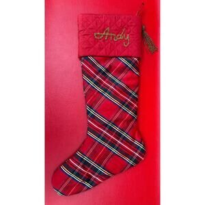 Kim Seybert NYC Tartan Plaid Silk ANDY Beaded Personalized Christmas Stocking